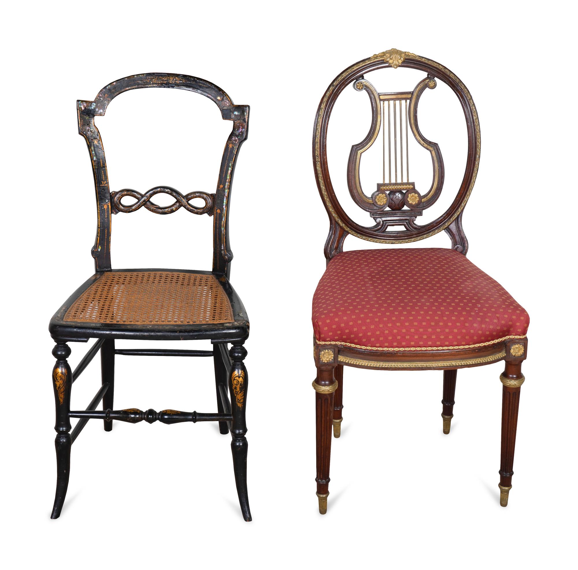 A Victorian Mother-of-Pearl Inlaid Side Chair and a Gilt-Bronze-Mounted Lyre-Back Side Chair — 19TH CENTURY