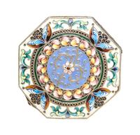 A Russian Enameled Gilt-Silver Pill Box, 11th Artel, Moscow, 1908-1926, of octagonal form with polychrome floral decoration.