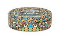 A Russian Enameled Gilt-Silver Box, possibly Bernhard Hinds, Moscow, 1908-1926, of oval form, the lid centered with two swans within a