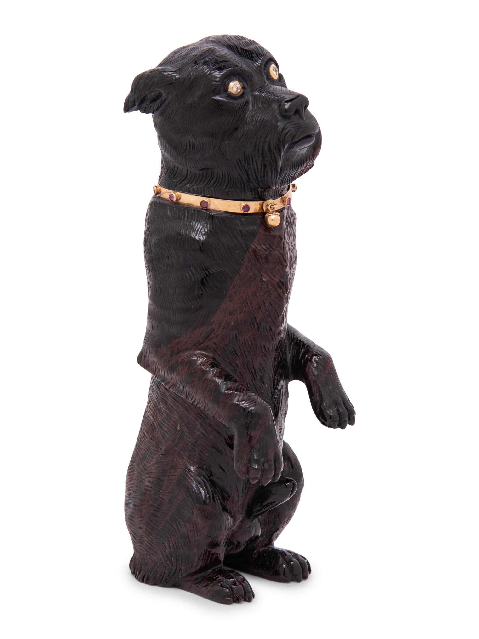 A Diamond and Ruby Inset Carved Hardstone Model of a Terrier