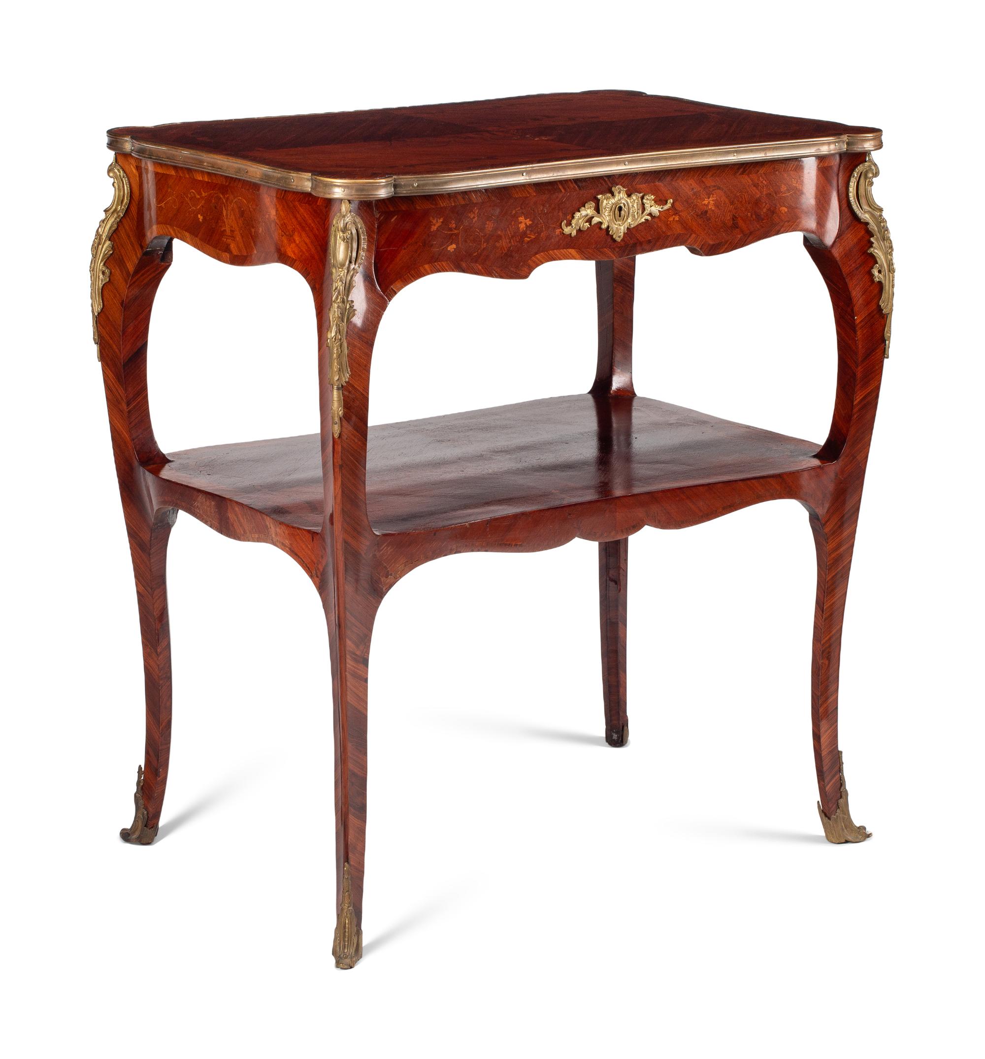 A Louis XV Style Gilt Bronze Mounted Kingwood and Floral Marquetry Serving Table