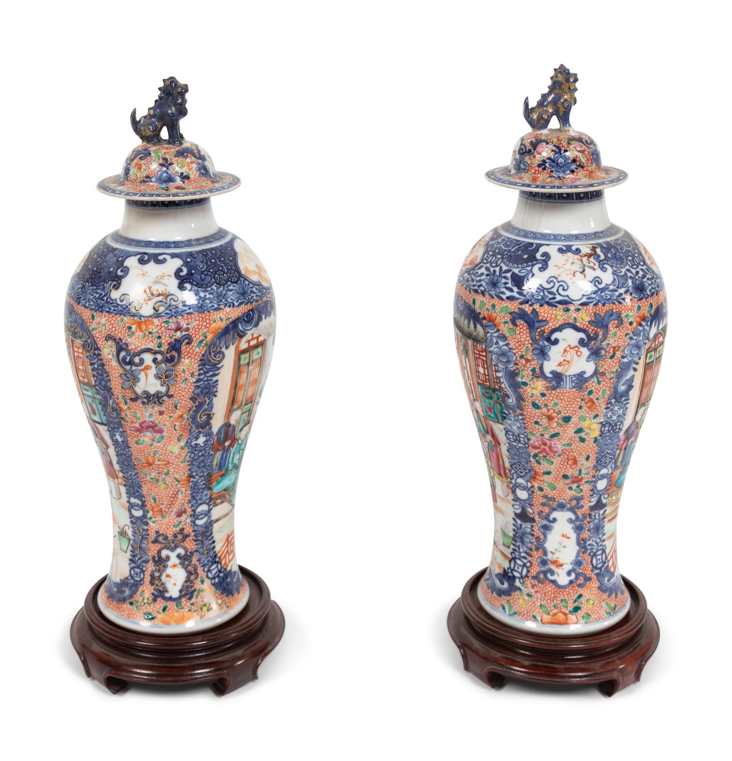 A Pair of Chinese Export Mandarin Palette Vases and Covers