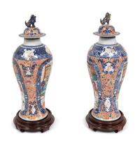 A Pair of Chinese Export Mandarin Palette Vases and Covers
