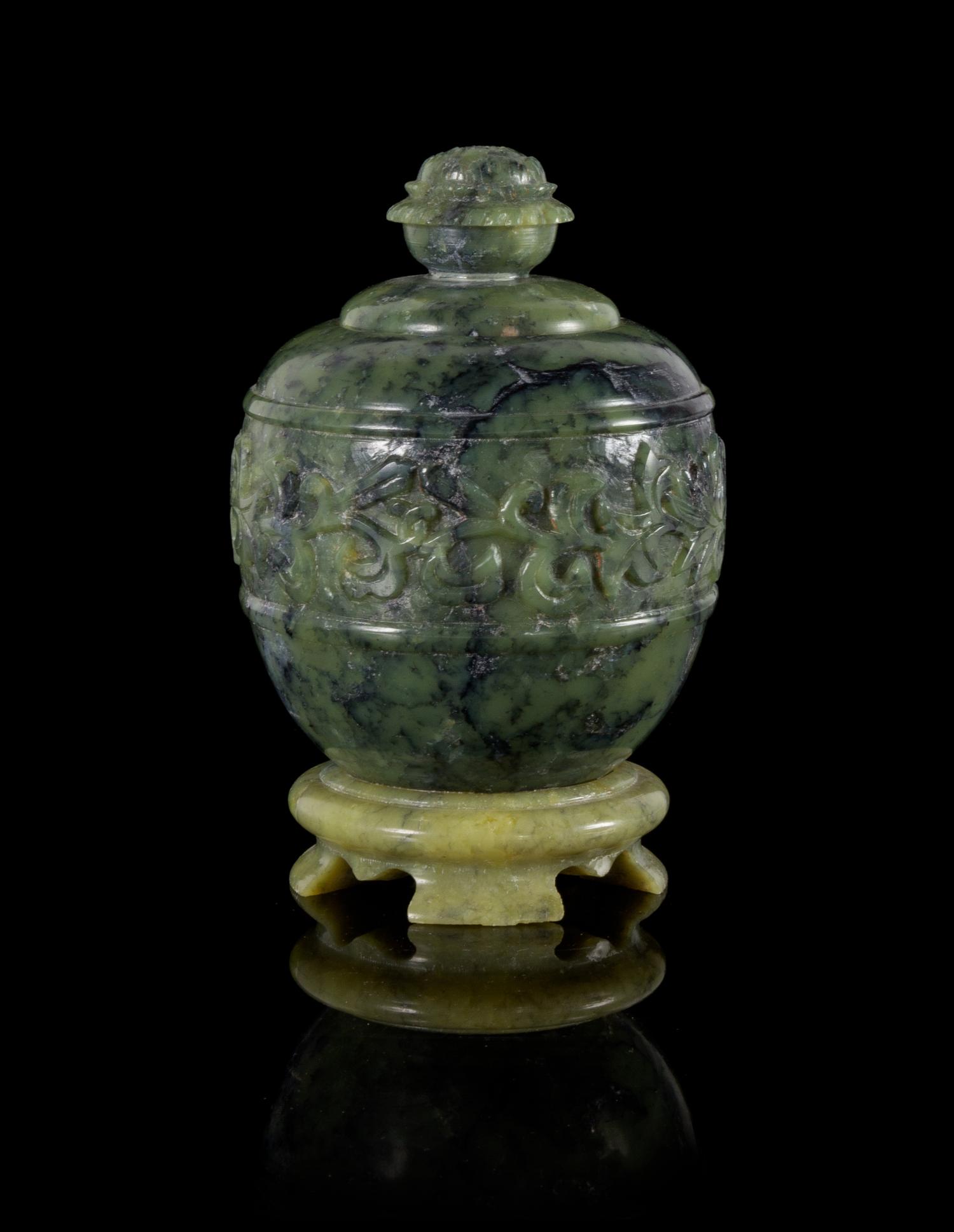 A Carved Spinach Jade Covered Jar — 20TH CENTURY