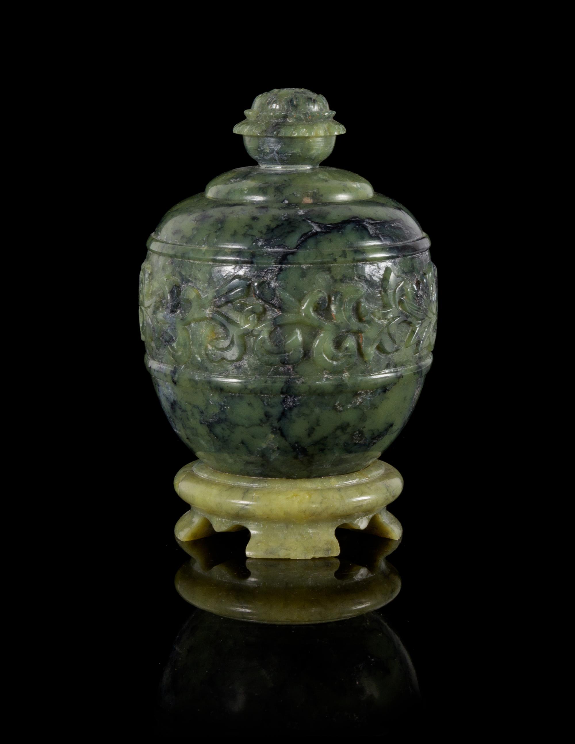 A Carved Spinach Jade Covered Jar — 20TH CENTURY