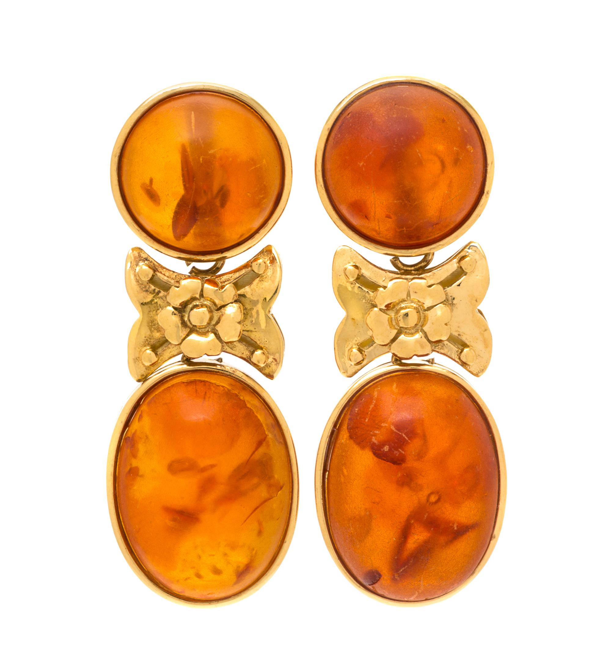 A Pair of 18 Karat Yellow Gold and Amber Earrings, Italy, 12.00 dwts.