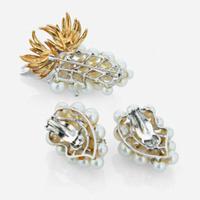 A pair of diamond, cultured pearl, and gold brooch with matching earrings