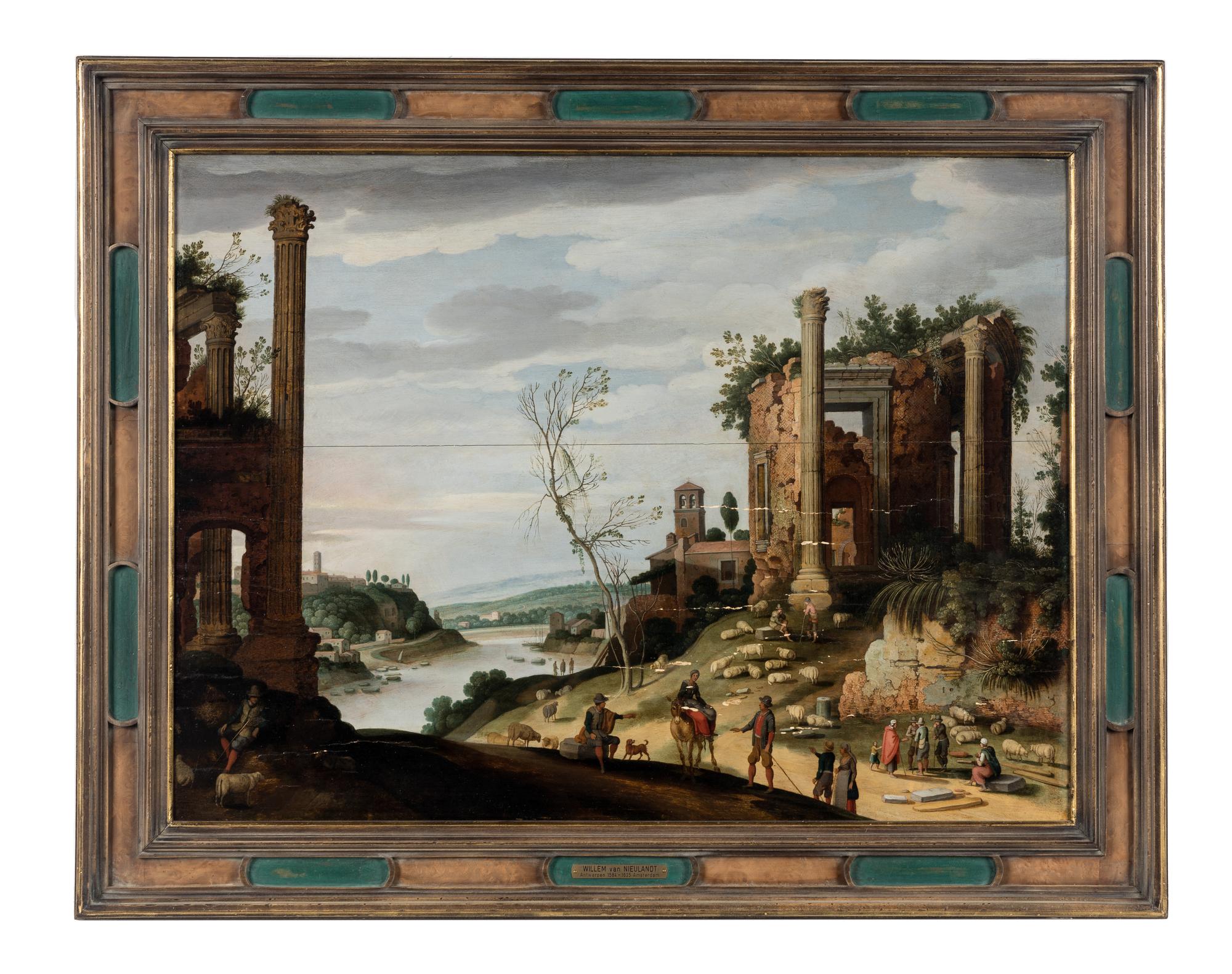 A River Landscape with Classical Ruins, Shepherds, and Shepherdesses and their Flock