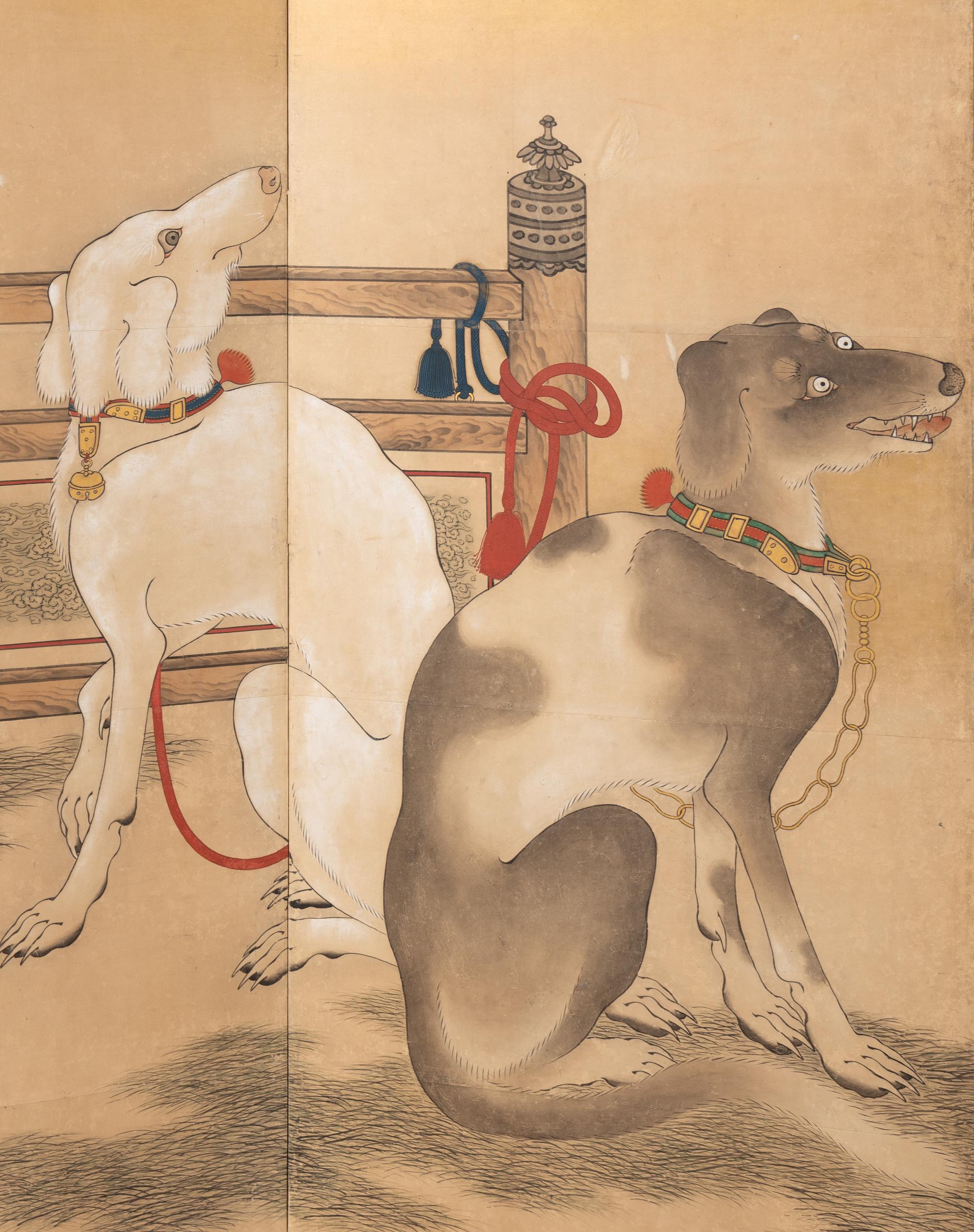 Possibly Unkoku School, Edo Period (1615-1868) 江戶時代 雲谷派“五犬圖”六扇屏風