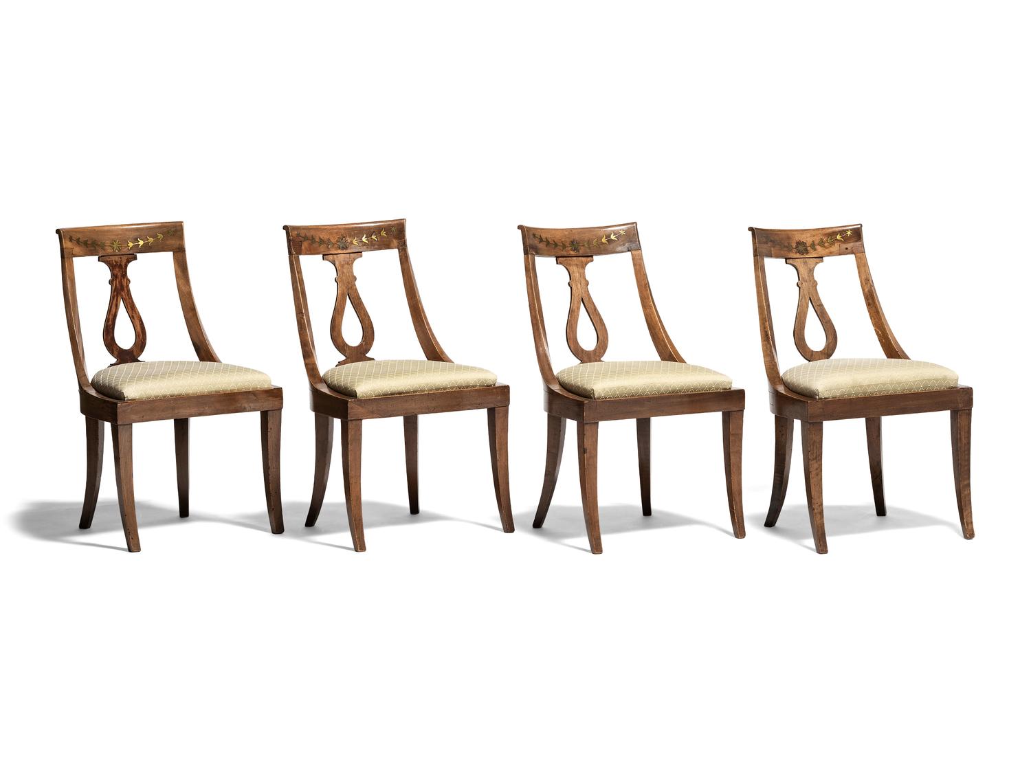 Four Brass Inlaid Walnut Gondola Chairs