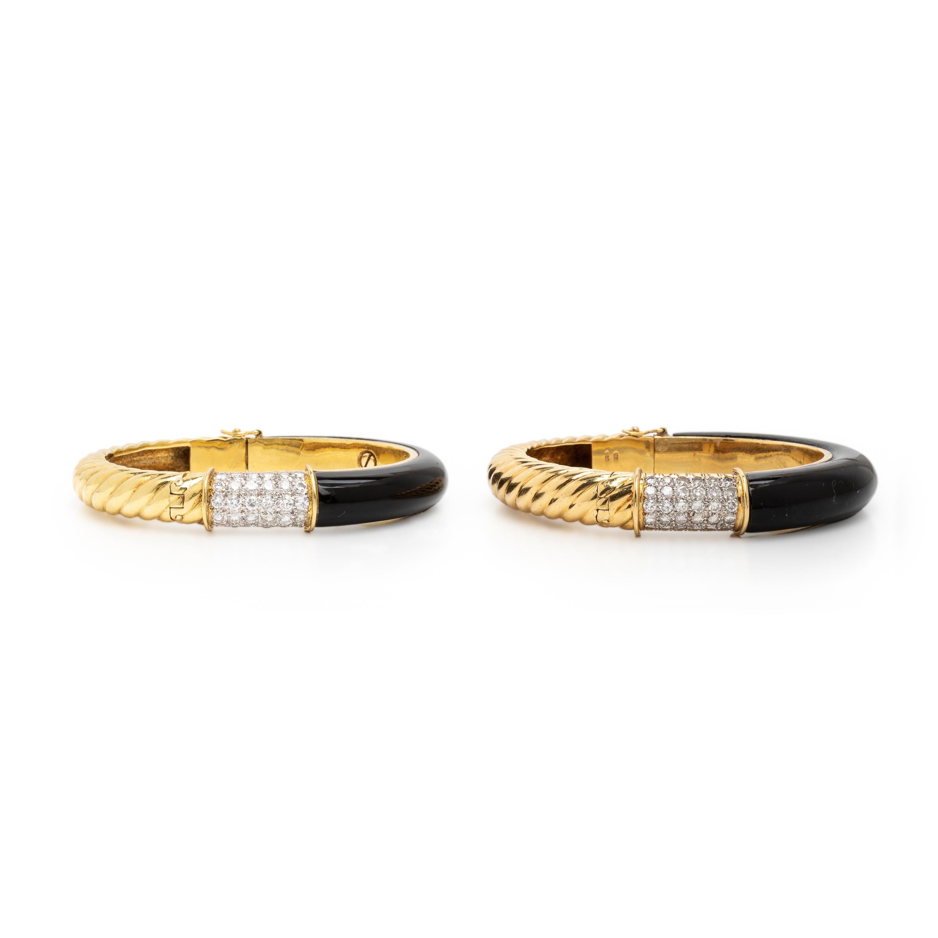Pair of Enamel, Diamond, and Yellow Gold Bangle Bracelets