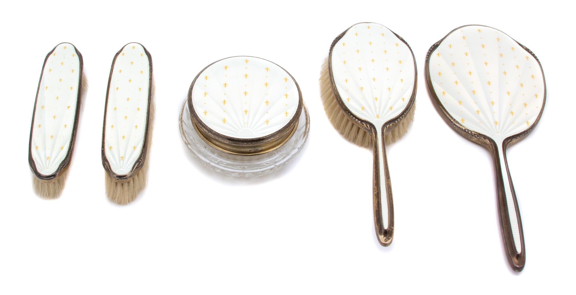 A Five-Piece English Silver and Enamel Vanity Set — Asprey & Co., Birmingham, 1962