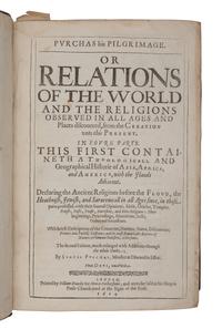 PURCHAS, Samuel (1575?-1626). Purchas his Pilgrimage. Or Relations of the World and the Religions Observed in All Ages and Places discovered, from the Creation unto this Present. In Foure Parts . London: William Stansby for Henrie Fetherstone, 1614.