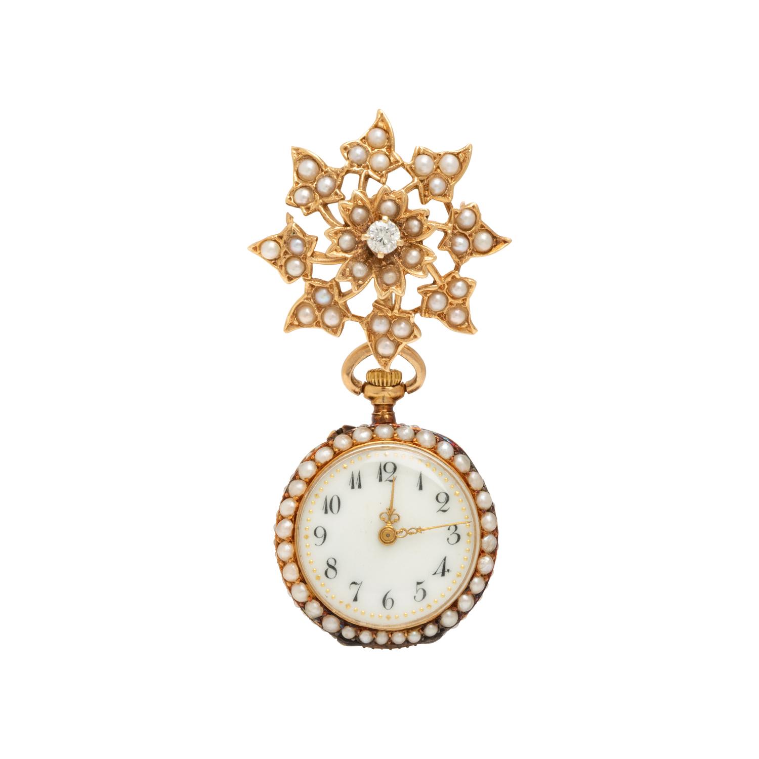 Seed Pearl, Diamond, and Yellow Gold Lapel Watch