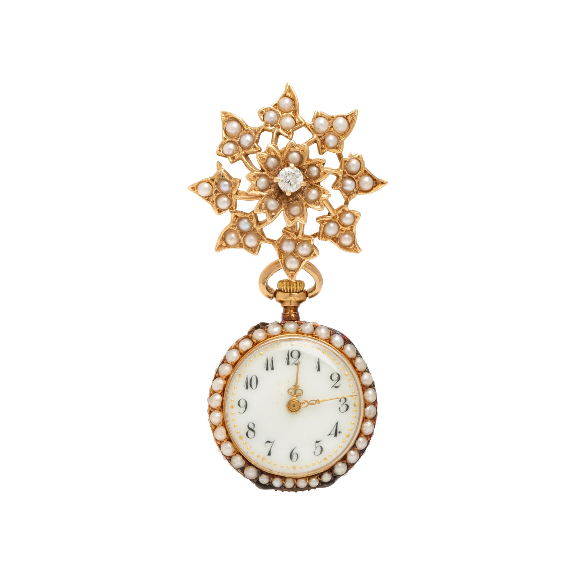 Seed Pearl, Diamond, and Yellow Gold Lapel Watch