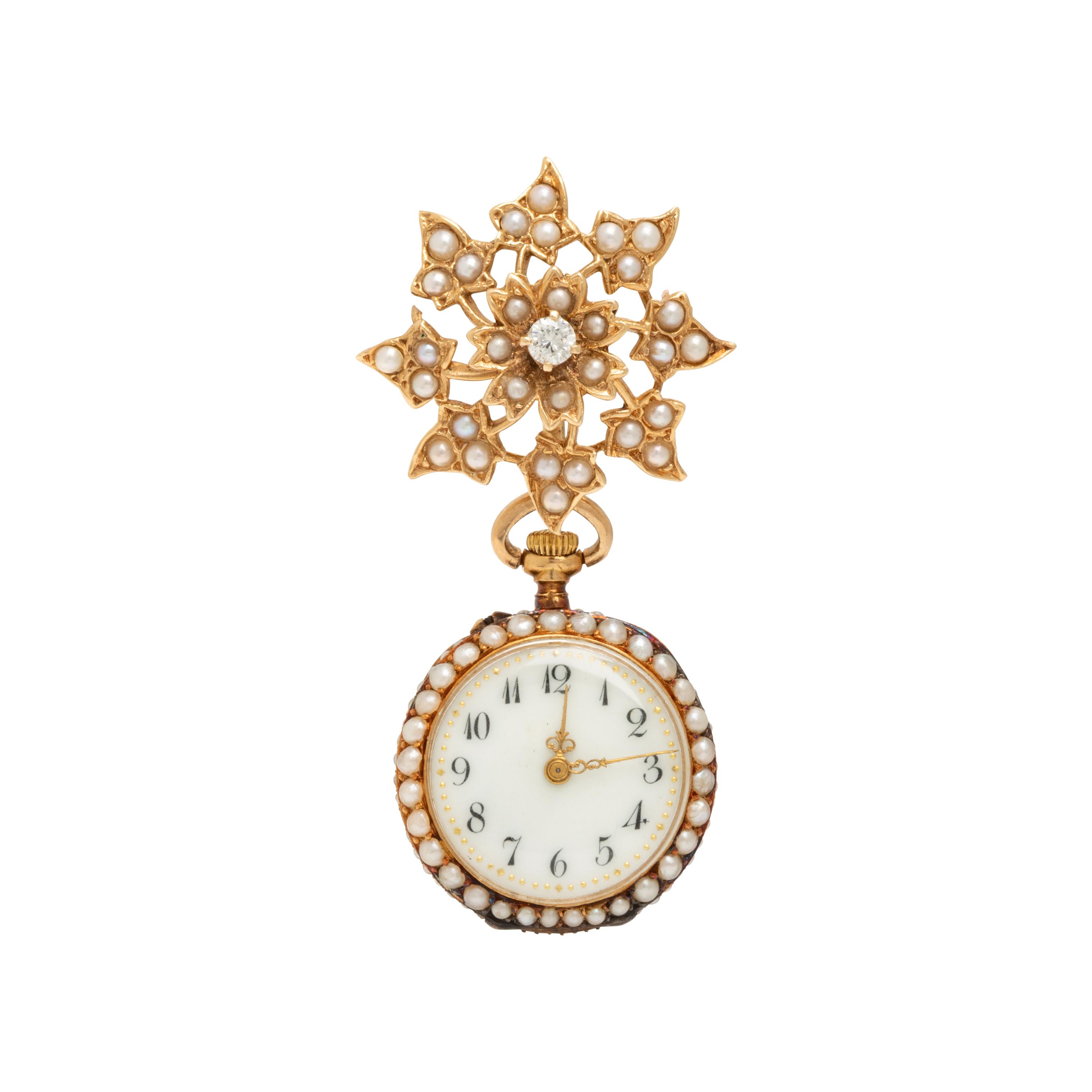 Seed Pearl, Diamond, and Yellow Gold Lapel Watch