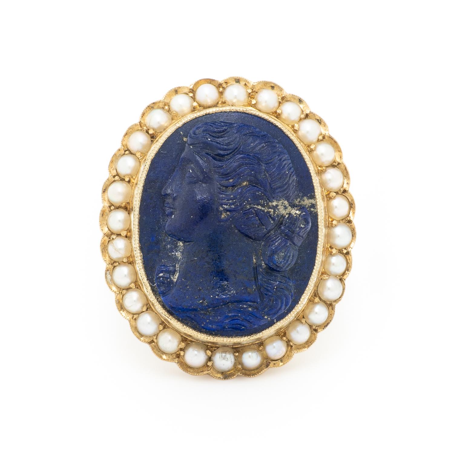 LAPIS LAZULI CAMEO AND SEED PEARL RING