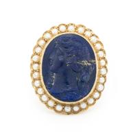 LAPIS LAZULI CAMEO AND SEED PEARL RING
