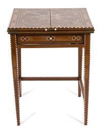 A Syrian Mother-of-Pearl, Bone, and Fruitwood Parquetry Inlaid Game Table Height 29 1/2 x width 23 x depth 23 inches.