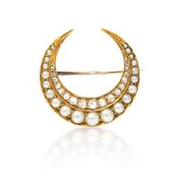 A Victorian Yellow Gold, Seed Pearl and Diamond Crescent Pendant/Brooch, 3.90 dwts.