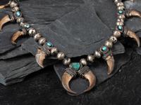 Reversible Navajo Silver, Turquoise, and Claw Squash Blossom Necklace