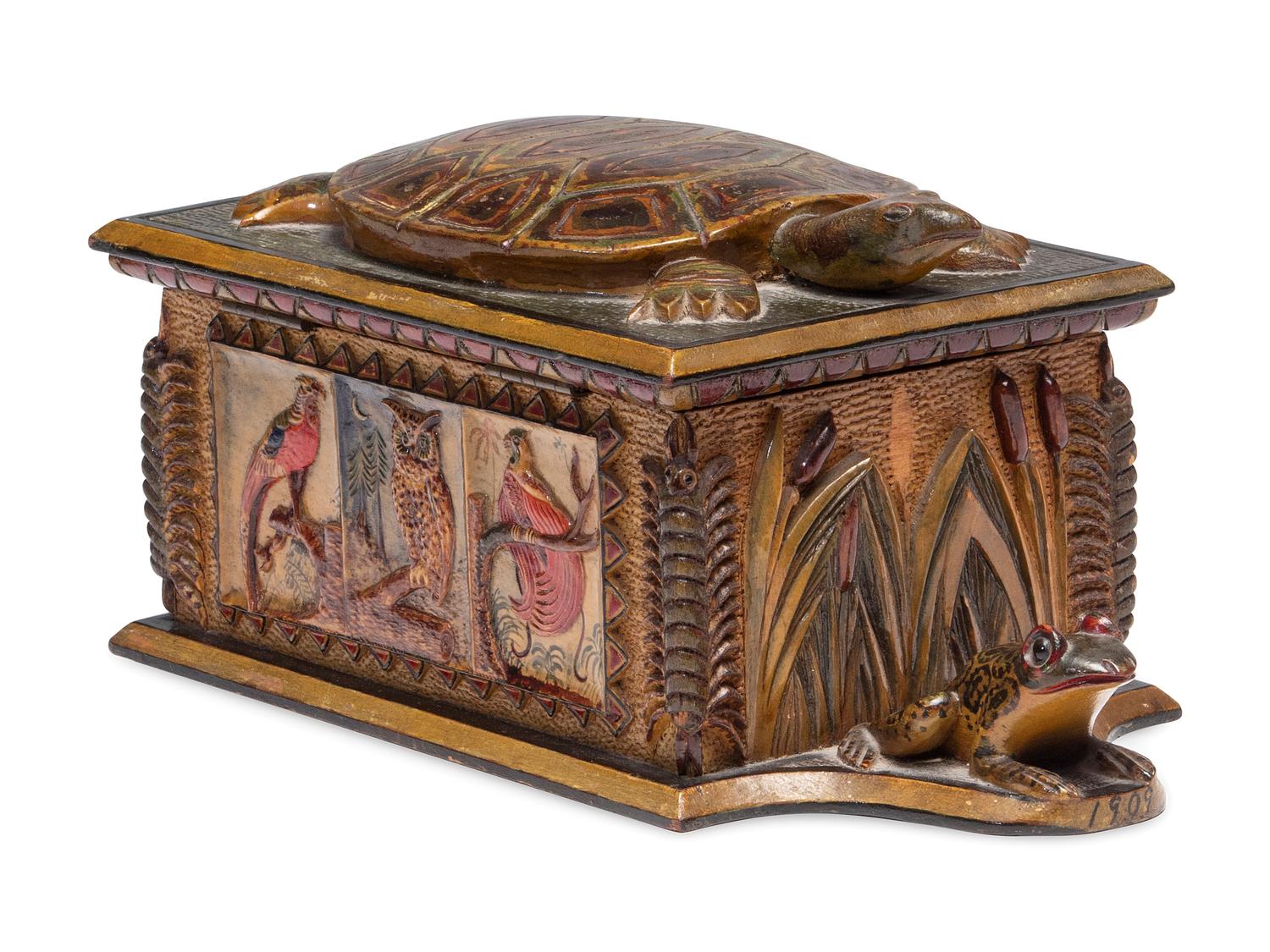 A Carved and Painted Wood Valuables Box with Masonic Interest