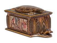 A Carved and Painted Wood Valuables Box with Masonic Interest