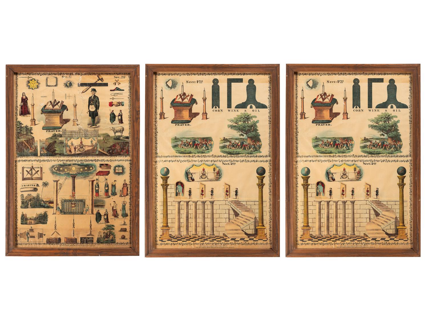 [FRATERNAL ORGANIZATIONS]. A group of Masonic items incl. 3 large framed prints, sashes, and 3 linked signs.