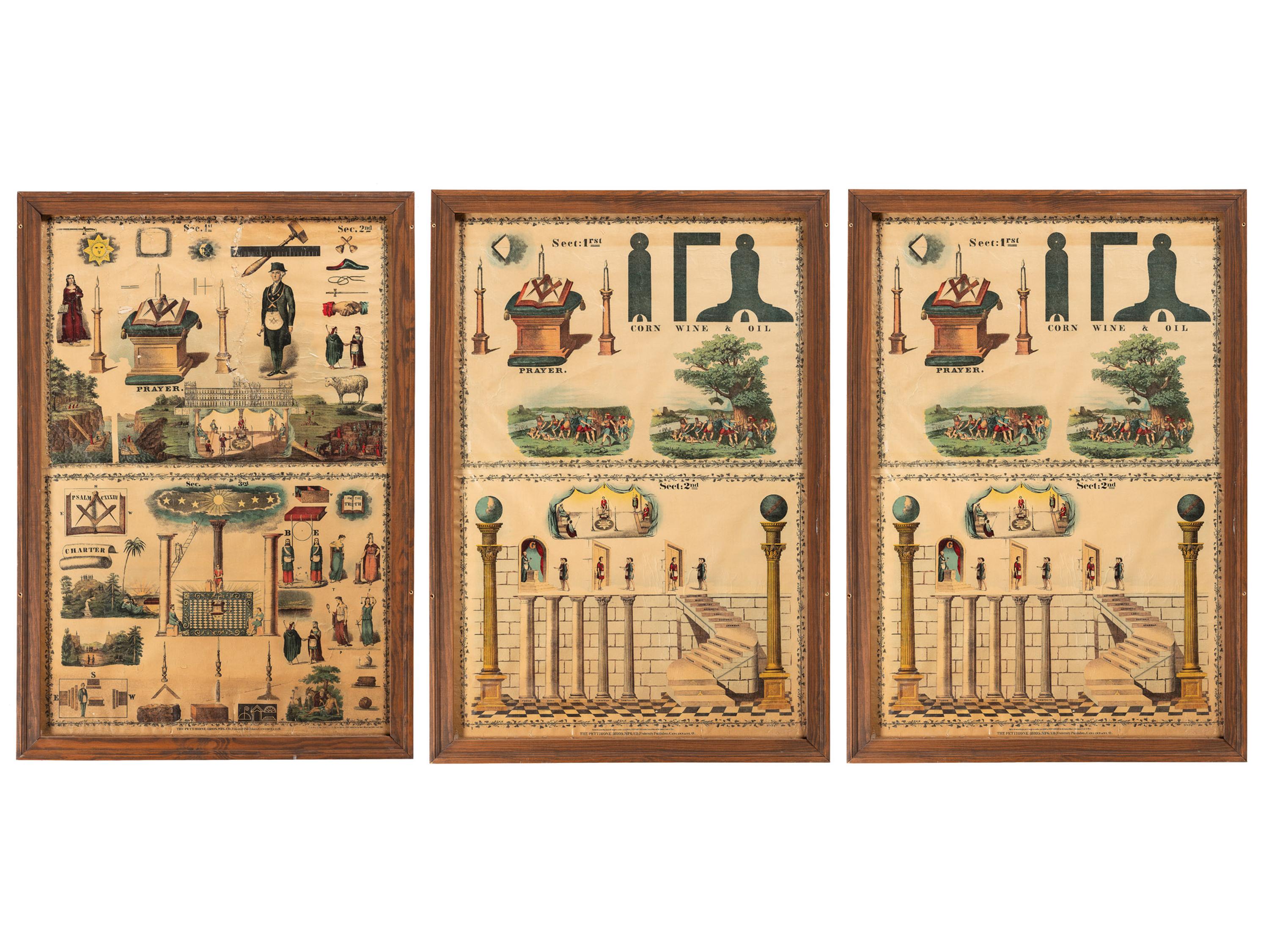 [FRATERNAL ORGANIZATIONS]. A group of Masonic items incl. 3 large framed prints, sashes, and 3 linked signs.