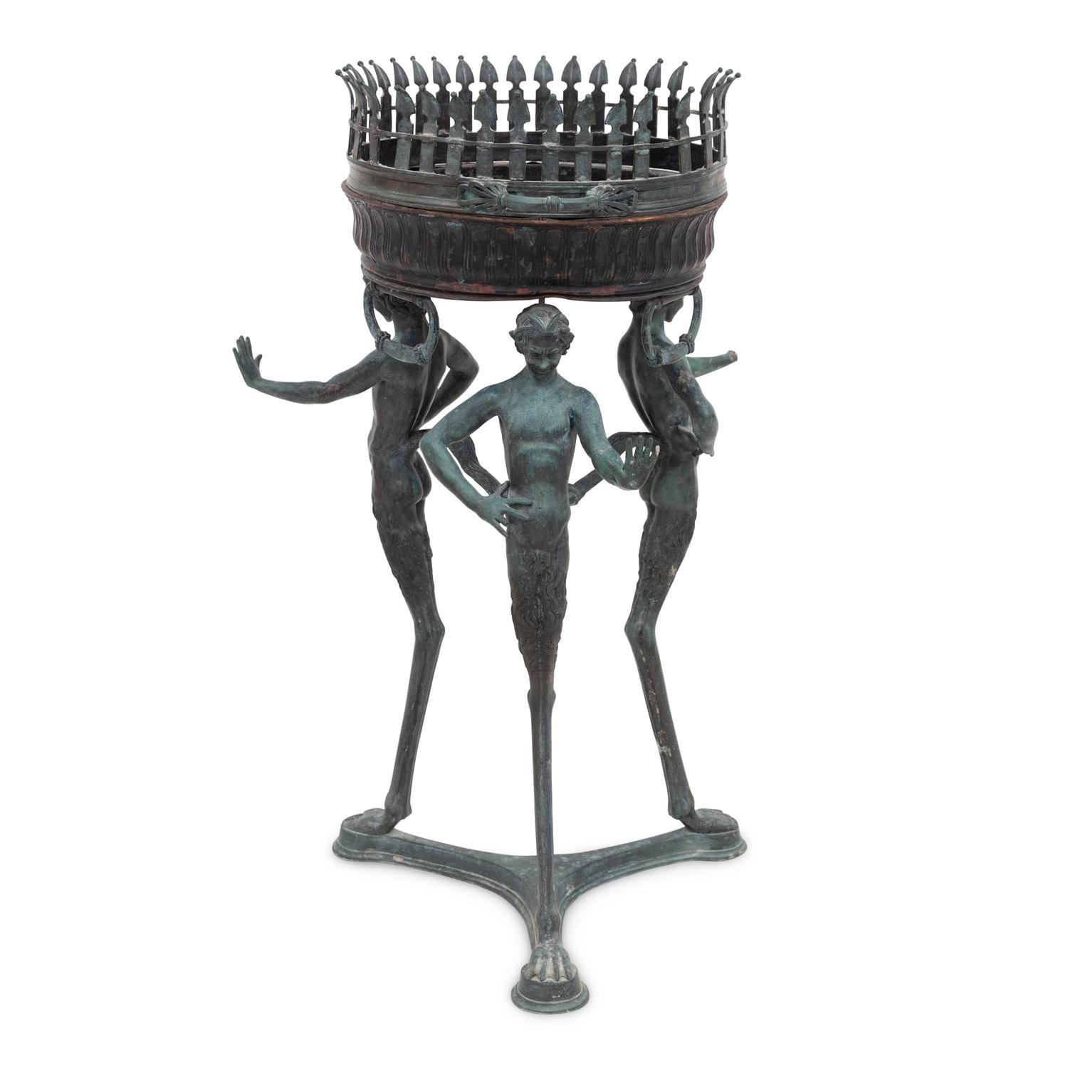 An Italian Bronze Tripod Jardiniere Stand with Satyrs