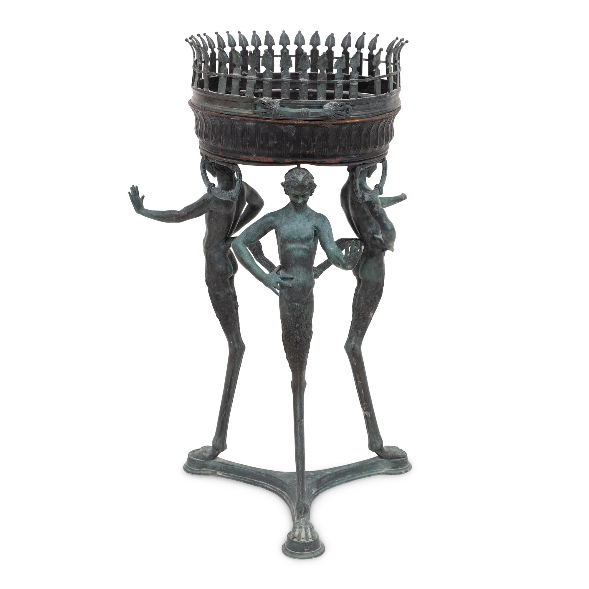 An Italian Bronze Tripod Jardiniere Stand with Satyrs