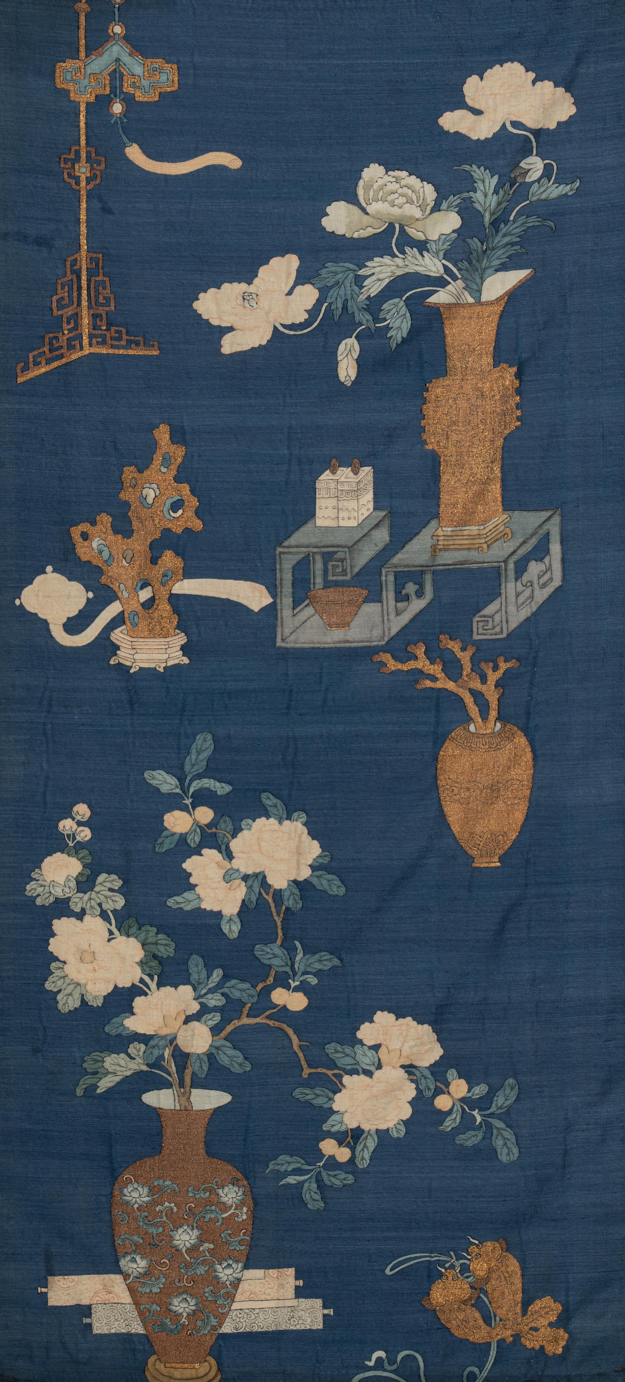 Two Chinese 'Bogu' Silk Panels