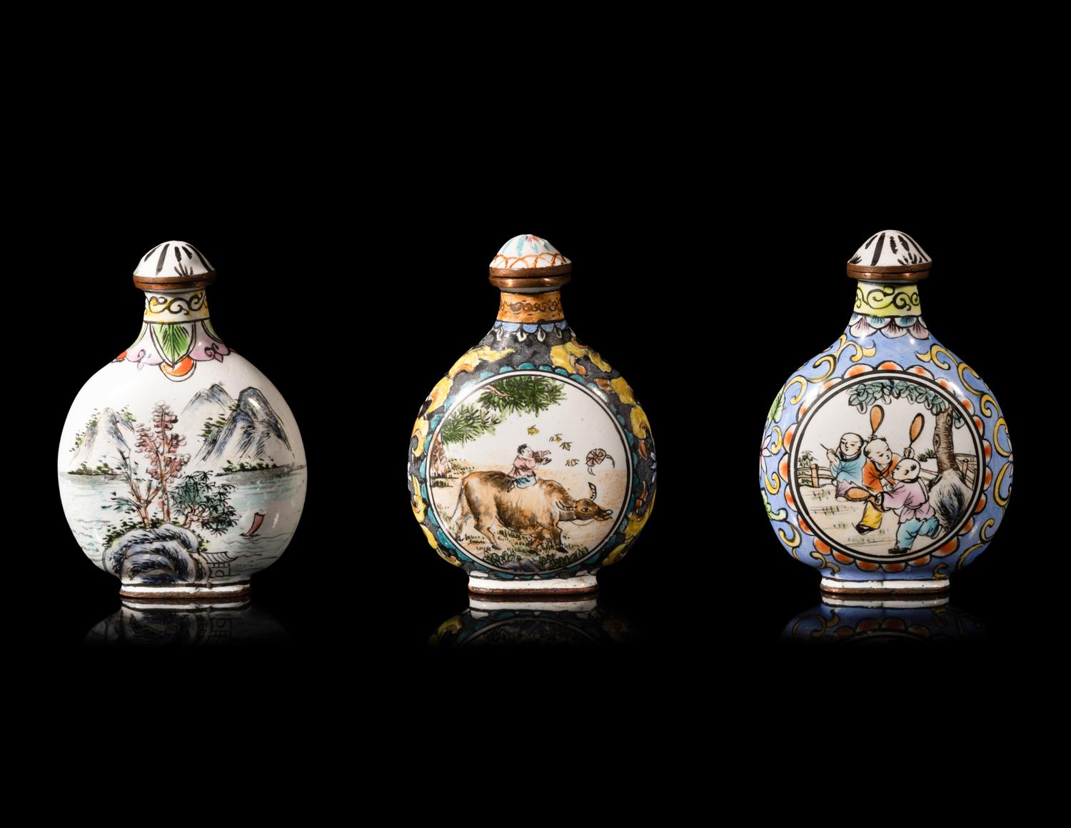 Three Chinese Canton Enamel on Metal Snuff Bottles