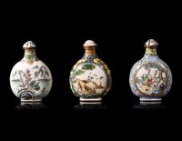 Three Chinese Canton Enamel on Metal Snuff Bottles