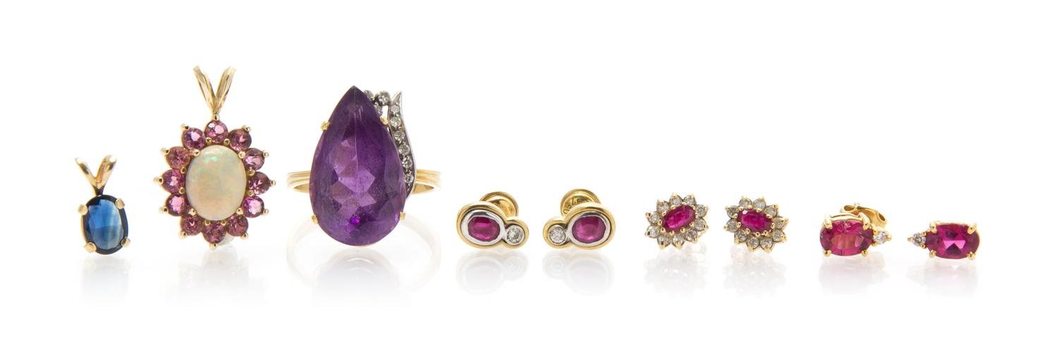A Collection of Yellow Gold, Diamond and Gemstone Jewelry, 11.80 dwts.