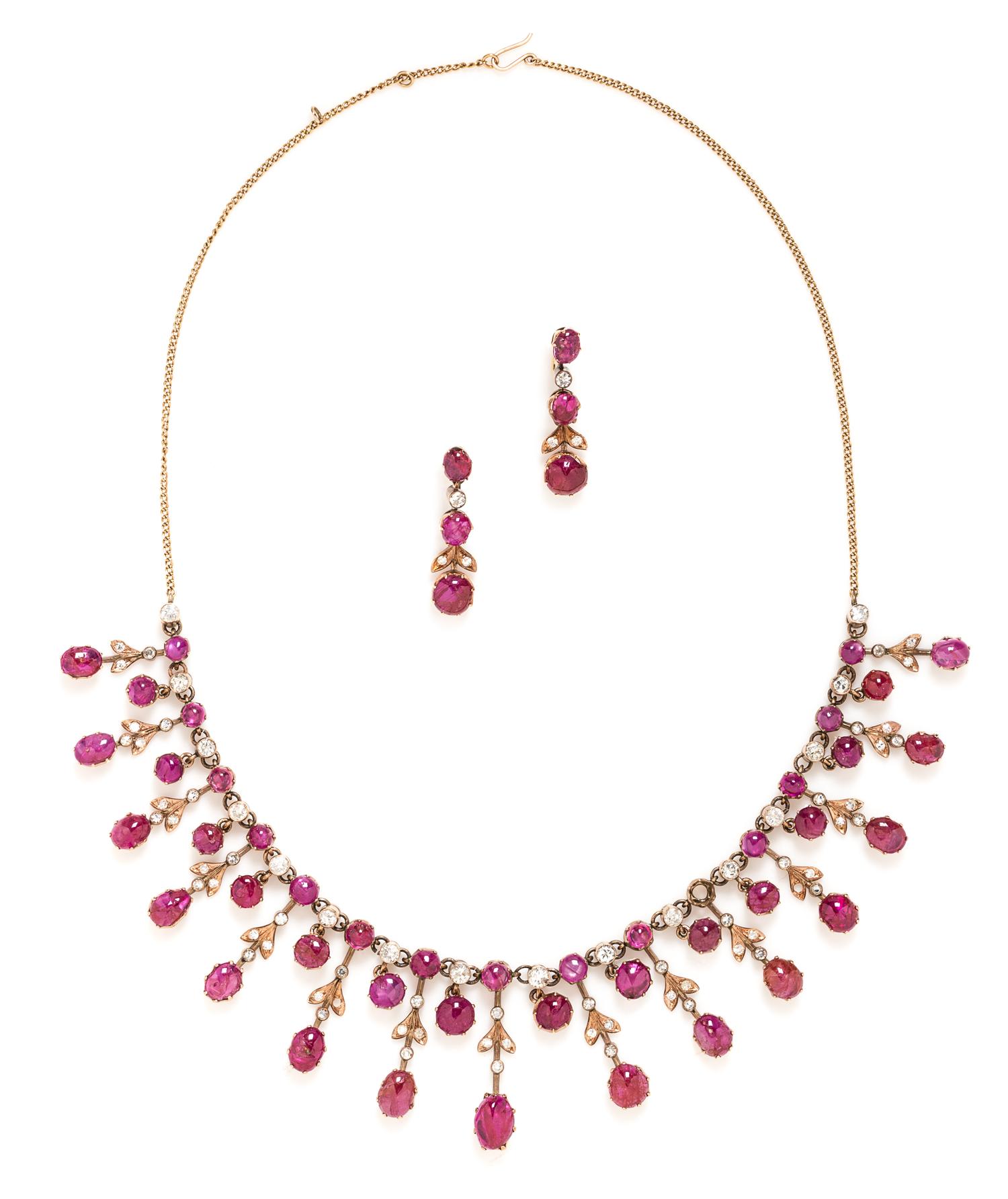 A Rose Gold, Ruby and Diamond Demi Parure, 41.20 dwts.