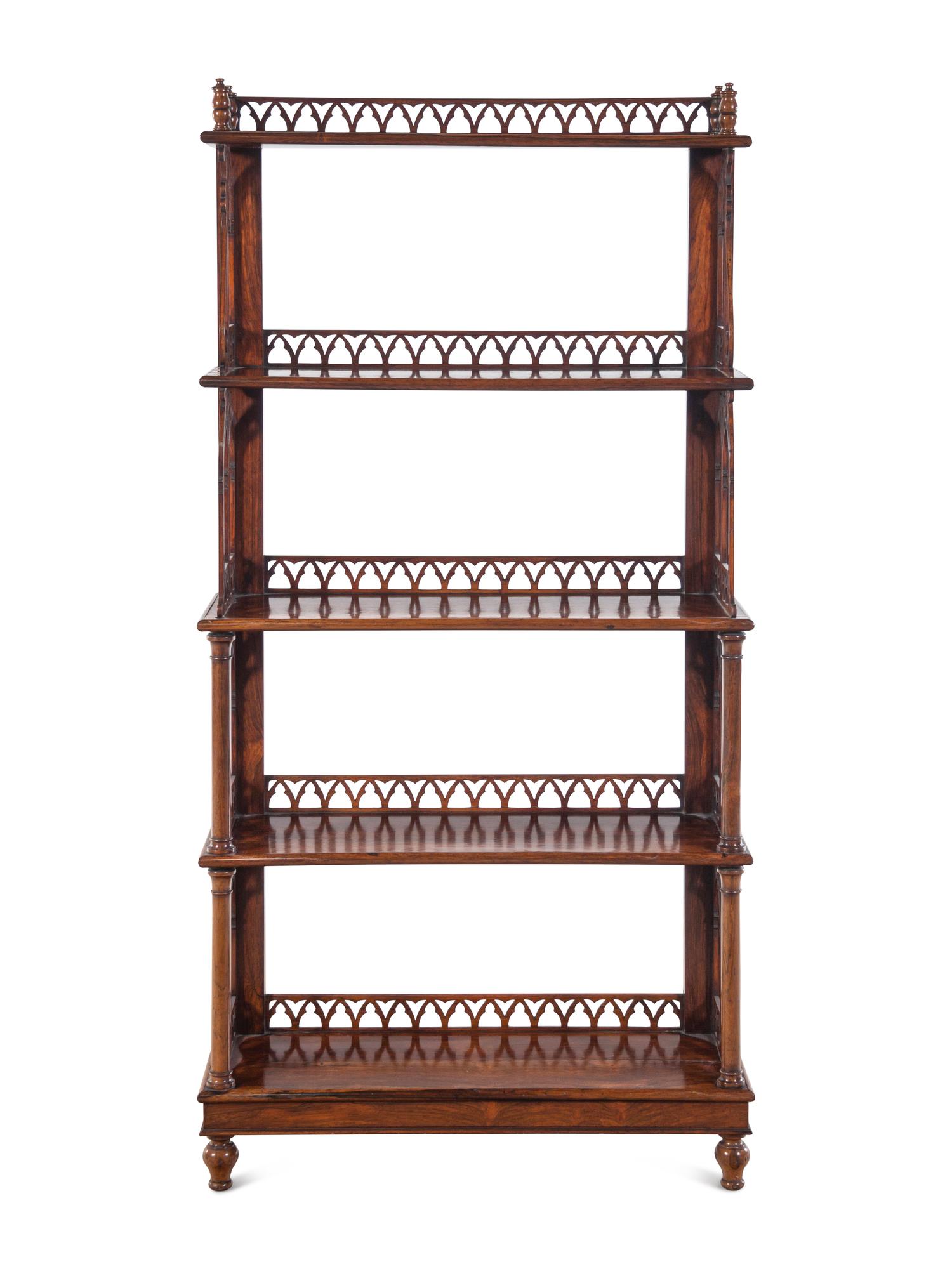 A Regency Rosewood Five-Tier Open Bookcase in the Gothic Taste
