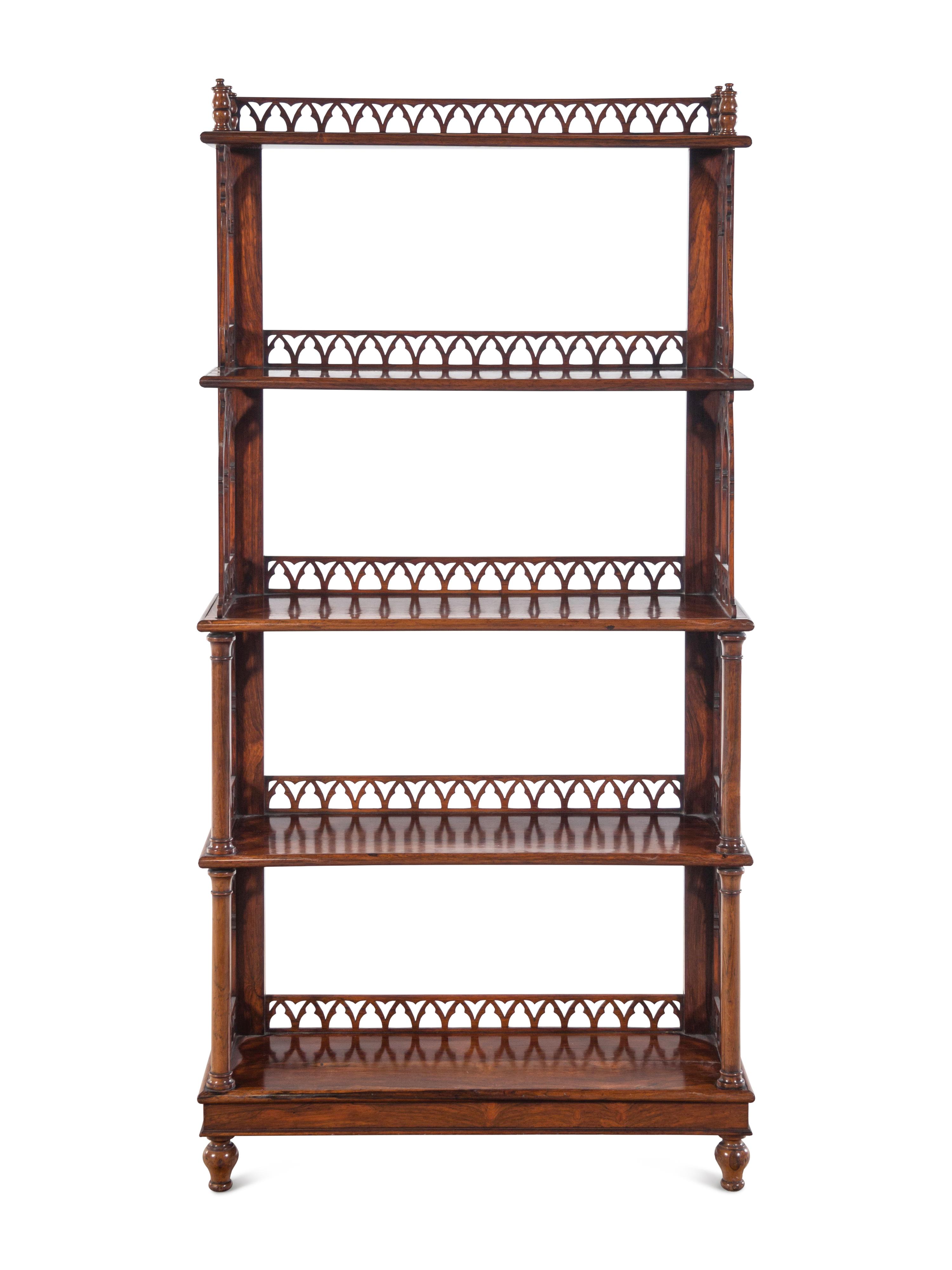 A Regency Rosewood Five-Tier Open Bookcase in the Gothic Taste
