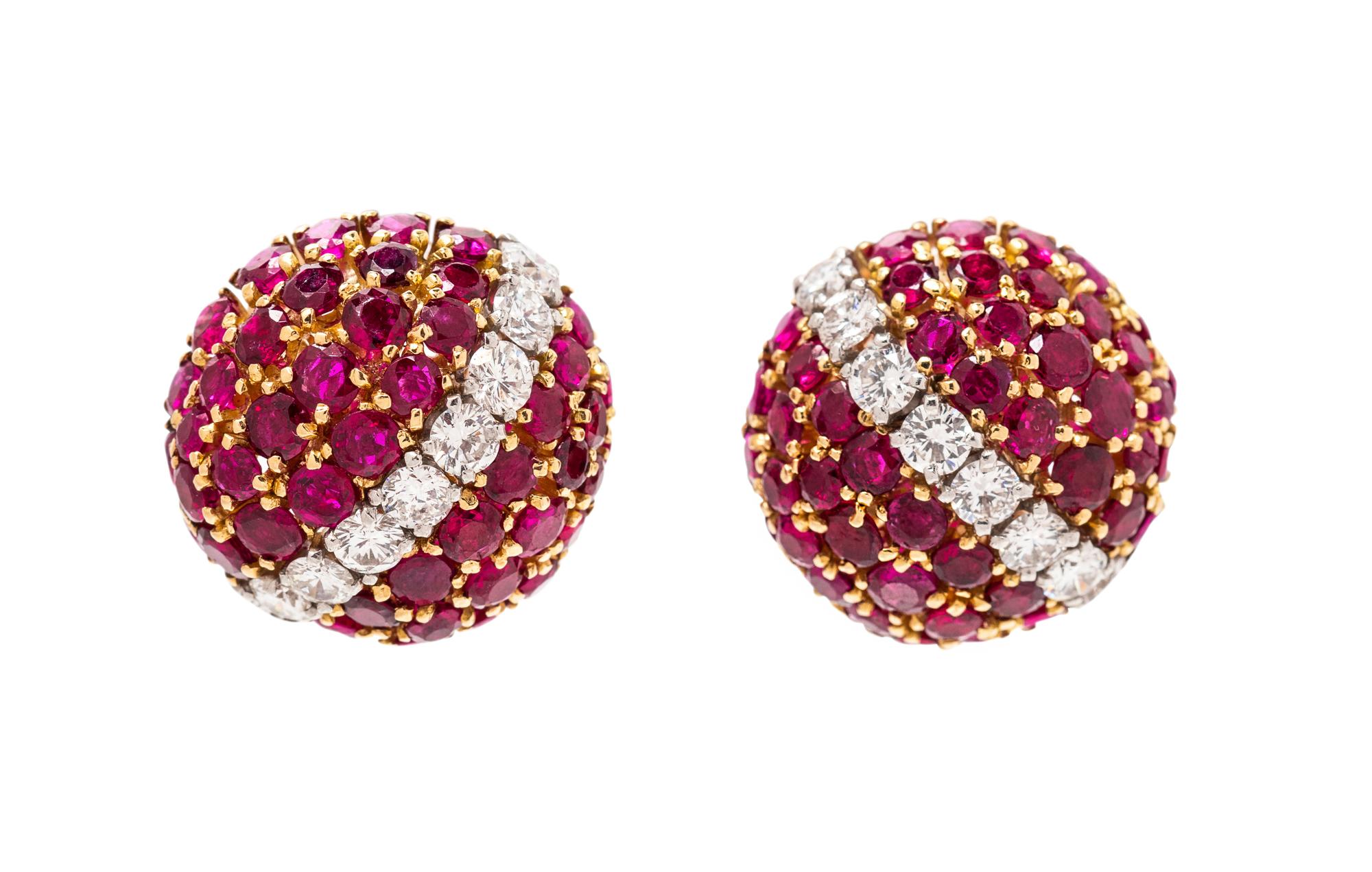 A Pair of Yellow Gold, Platinum, Ruby and Diamond Bombe Earclips, Van Cleef & Arpels, New York,