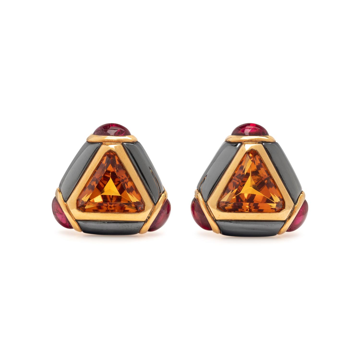 BULGARI, YELLOW GOLD, CITRINE, PINK TOURMALINE, AND HEMATITE CLIP EARRINGS
