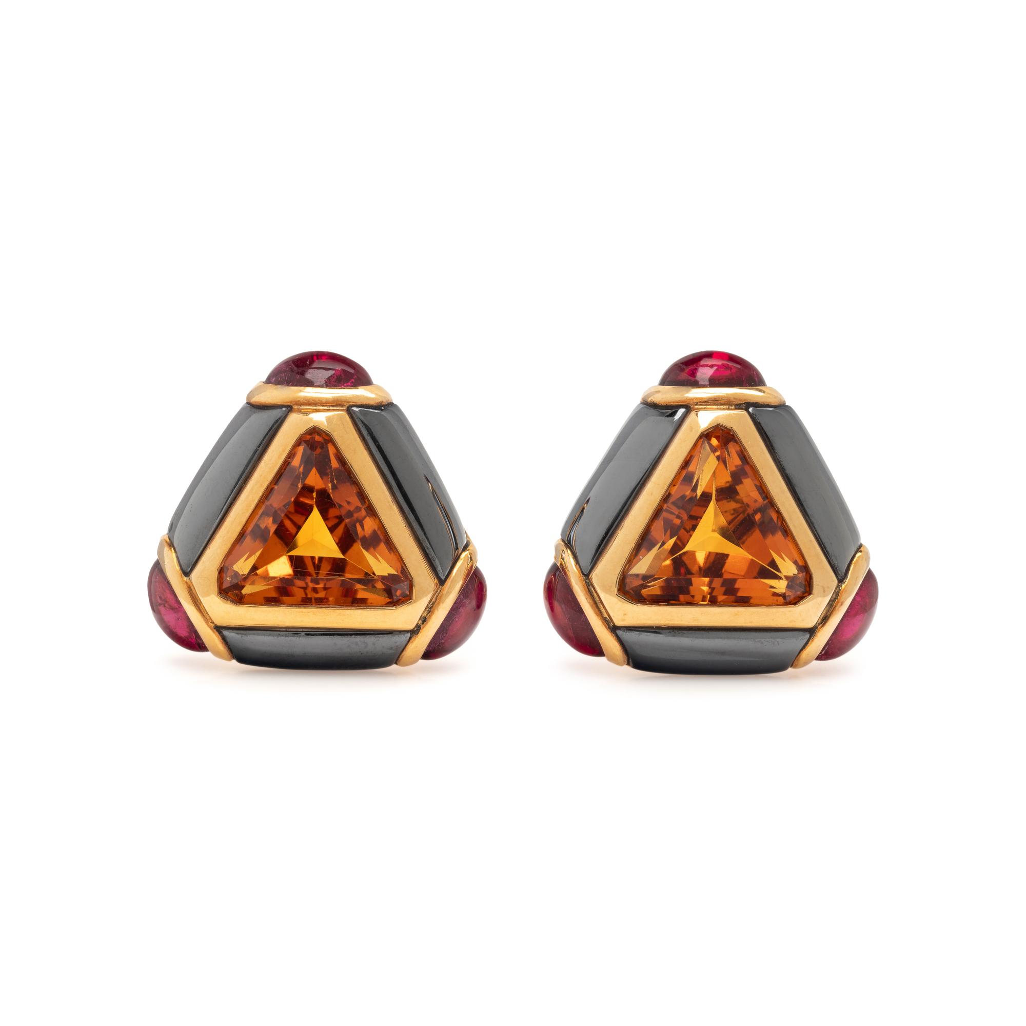 BULGARI, YELLOW GOLD, CITRINE, PINK TOURMALINE, AND HEMATITE CLIP EARRINGS