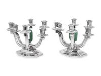 A Pair of French Silver and Aventurine Quartz Six-Light Candelabra