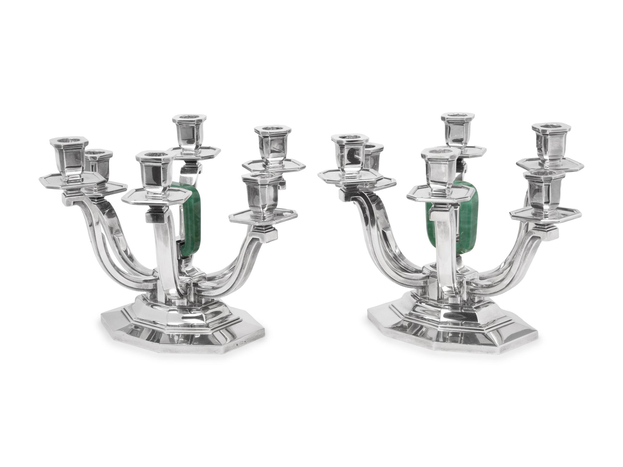A Pair of French Silver and Aventurine Quartz Six-Light Candelabra