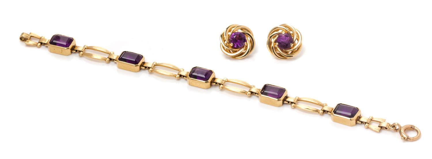 A Collection of Yellow Gold and Amethyst Jewelry, 14.50 dwts.