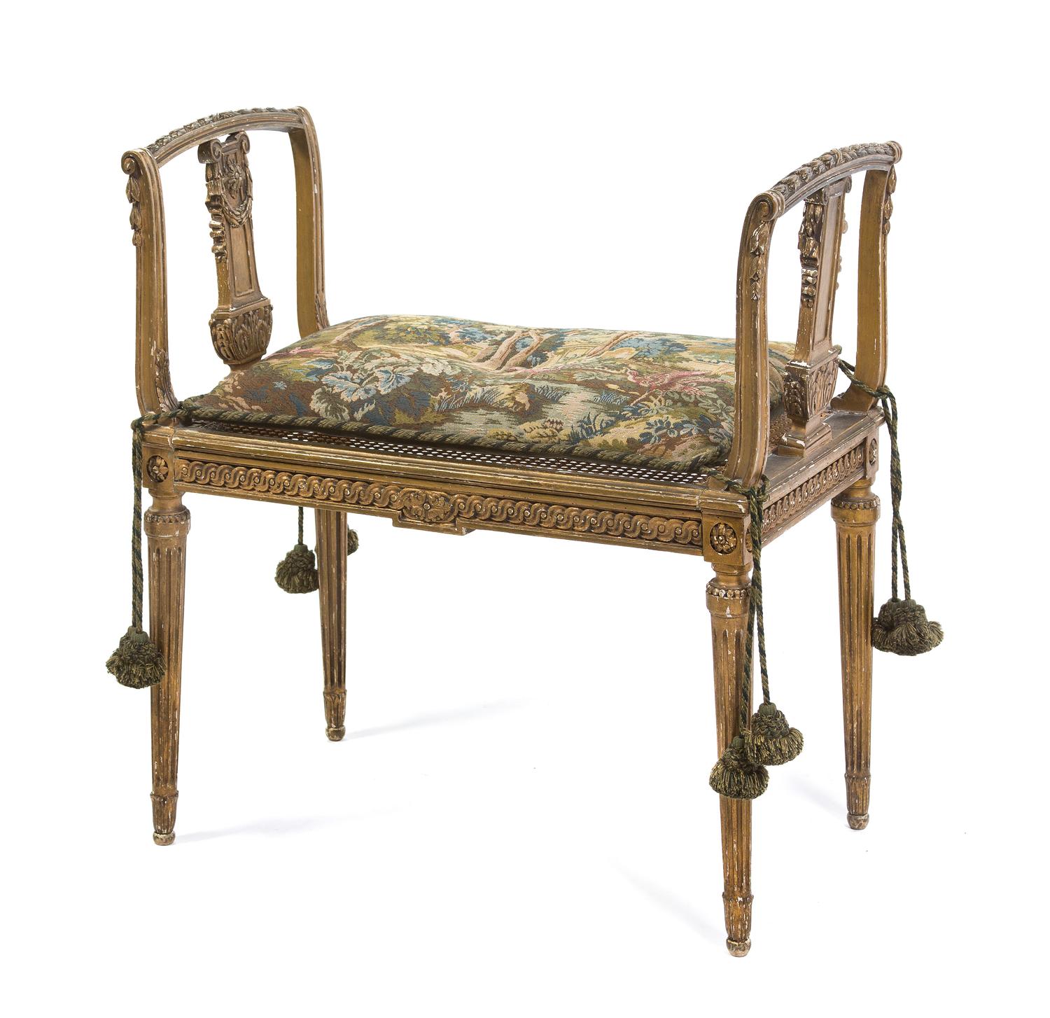 A Neoclassical Giltwood Window Bench, Width 29 3/4 inches.