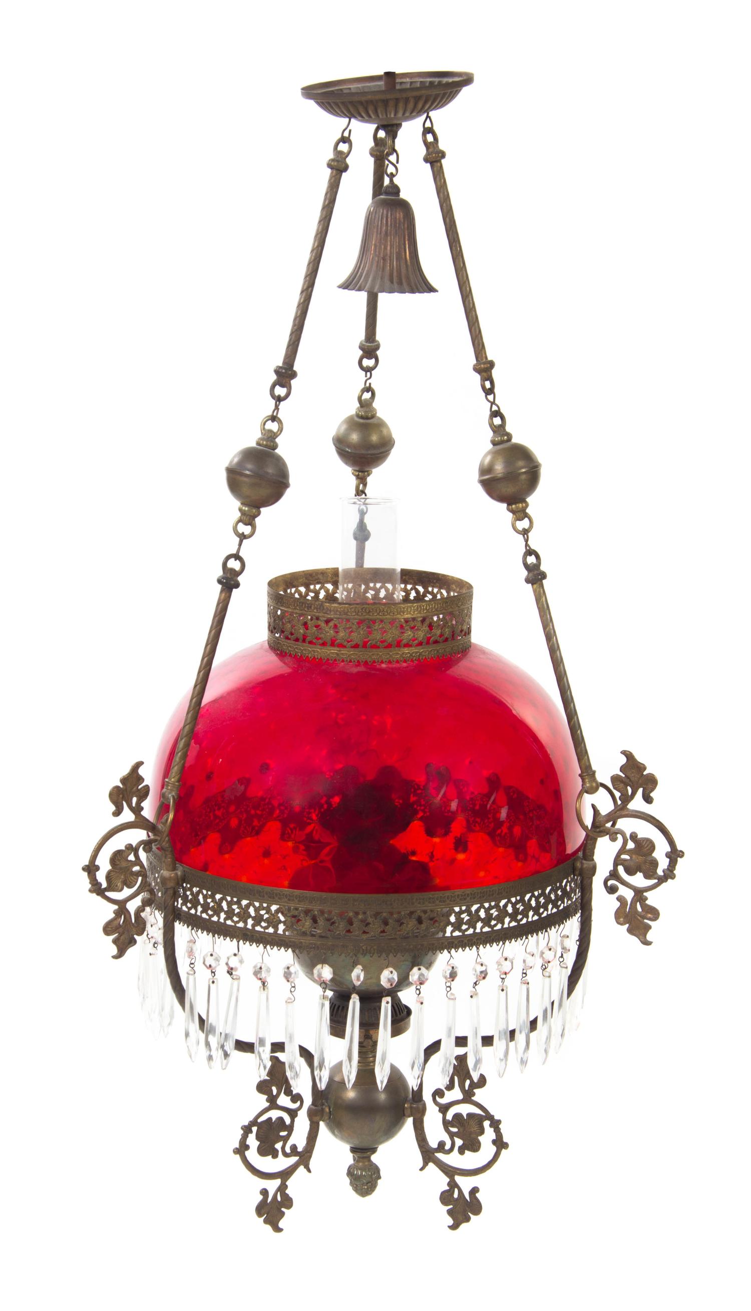 A Victorian Brass Chandelier, Height 34 inches x diameter 18 inches.