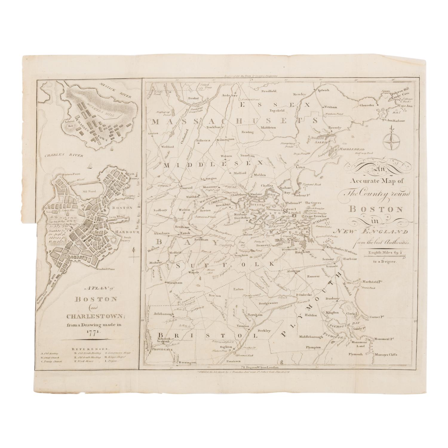 [Map]. An Accurate Map of the Country round Boston in New England from the Best Authorities [on sheet with] A Plan of Boston and Charlestown from a Drawing Made in 1771 . Boston: A. Hamilton, 1776.