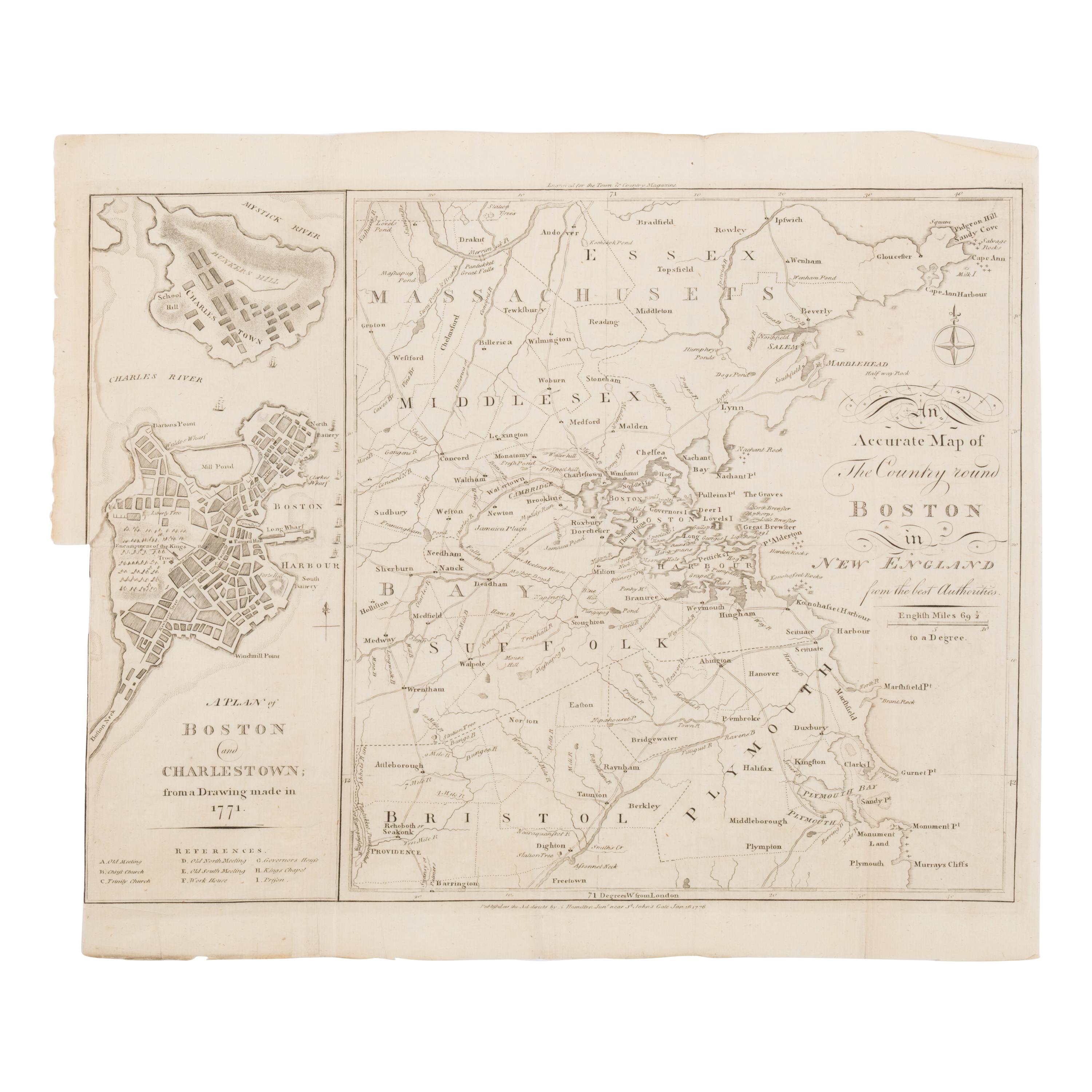 [Map]. An Accurate Map of the Country round Boston in New England from the Best Authorities [on sheet with] A Plan of Boston and Charlestown from a Drawing Made in 1771 . Boston: A. Hamilton, 1776.