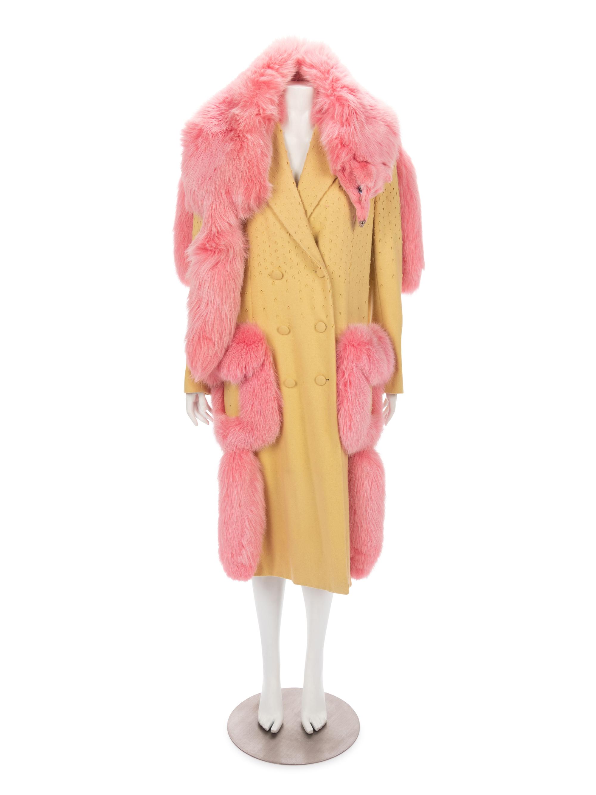 John Galliano Yellow Wool Coat Trimmed with Pink Fox and Matching Shawl, Fall 1997