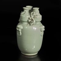 An unusual Chinese Longquan celadon-glazed triple-necked vase 龙泉青釉三口瓶 Qing dynasty ?